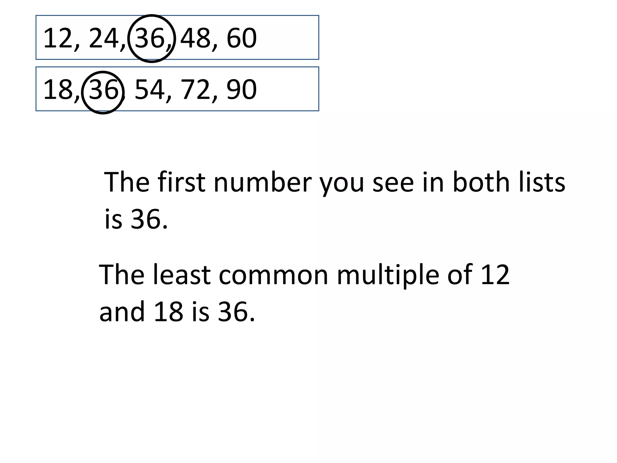 12, 24, 36, 48, 60
18, 36, 54, 72, 90


     The first number you see in both lists
     is 36.
    The least common multiple of 12
    and 18 is 36.
 