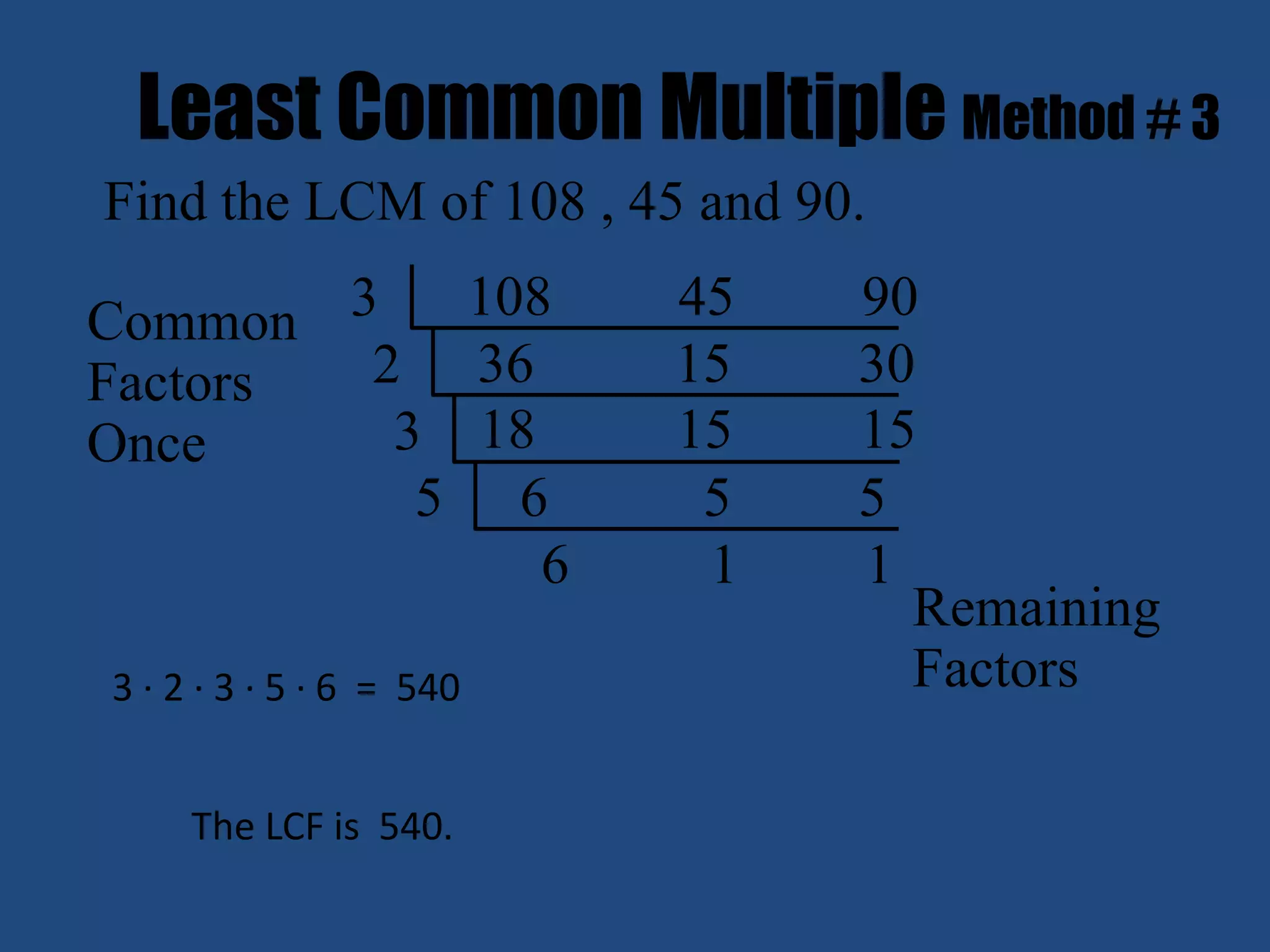 Least Common Multiple Method # 3
Find the LCM of 108 , 45 and 90.

Common  3   108           45   90
Factors  2 36             15   30
Once      3 18            15   15
           5 6             5   5
               6           1   1
                                 Remaining
3 · 2 · 3 · 5 · 6 = 540          Factors

     The LCF is 540.
 