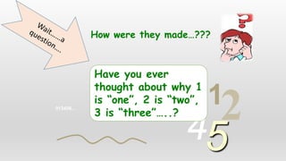 013456…
1
245
Have you ever
thought about why 1
is “one”, 2 is “two”,
3 is “three”…..?
How were they made…???
 