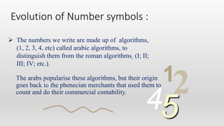  The numbers we write are made up of algorithms,
(1, 2, 3, 4, etc) called arabic algorithms, to
distinguish them from the roman algorithms (I; II;
III; IV; etc.).
013456…
1
245
Evolution of Number symbols :
The arabs popularise these algorithms, but their origin
goes back to the phenecian merchants that used them to
count and do their commercial contability.
 