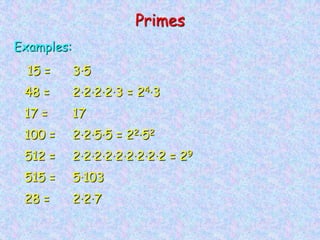 Primes
Examples:
3·5
48 =
17 =
100 =
512 =
515 =
28 =
15 =
2·2·2·2·3 = 24·3
17
2·2·5·5 = 22·52
2·2·2·2·2·2·2·2·2 = 29
5·103
2·2·7
 
