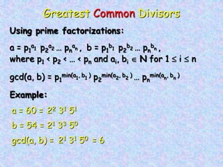 Greatest Common Divisors
Using prime factorizations:
a = p1
a1 p2
a2 … pn
an , b = p1
b1 p2
b2 … pn
bn ,
where p1 < p2 < … < pn and ai, bi N for 1 i n
gcd(a, b) = p1
min(a1
, b1
) p2
min(a2
, b2
) … pn
min(an
, bn
)
Example:
a = 60 = 22 31 51
b = 54 = 21 33 50
gcd(a, b) = 21 31 50 = 6
 