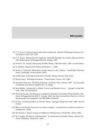 Βιβλιογραφία
[1] C. F. Gauss: Untersuchungen ¨uber h¨ohere Arithmetik. Chelsea Publishing Company, Sec-
ond Edition, New York, 1981.
[2] C. F. Gauss: Mathematisches Tagebuch. Ostwalds Klassiker der exacten Wissenschaften
256, Akademische Verlangsgesellschaft, Leipzig, 1985.
[3] Damvid, M, Burton: Elementary Number Theory. UBS New Delhi, 1998. second edition.
[4] E. Dickson: History of the Theory of Numbers. 1, 1999.
[5] James J. Tattersall: Elementary number theory in nine chapters. Cambridge University
Press, Cambridge, second edition, 2005.
[6] J.Silverman: A friendly Introduction to Number Theory. Prentice Hall, 2012.
[7] Kazuya Kato, Nobushgo Kurokawa, Takeshi Saito: volume 186. 2009.
[8] Leonardo Fibonacci: The Book of Squares. Academic Press, Boston, 1987. An Annotated
Translation Into Modern English by L. E. Singler.
[9] Neal Koblitz: Introduction to Elliptic Curves and Modular Forms. Springer-Verlag New
York, 1993. Second Edition.
[10] Pierre De Fermat: Bemerkungen zu Diophant. Klassiker der Exakten Wissenshaften, Aka-
demic Verlaggesellschaft M.B. U. Leipzig, 1932. Aus Dem Lateinischen ¨ubersetzt und mit
Anmerkungen herausgegeben von Max Miller Ostwald’s.
[11] R. Guy: Unsolved problems in Number Theory. Springer Verlag New York, 1994. Second
edition.
[12] Marcus du Sautoy: Η µουσική των πρώτων αριθµών, το µεγαλύτερο ανεπίλυτο µυστήριο των
µαθηµατικών. 2005.
[13] Sir Thomas L. Heath: Ιστορία των Ελληνικών Μαθηµατικών. Κ.Ε.ΕΠ.ΕΚ., Αθήνα, 2001.
[14] W.S. Anglin: The Queen of Mathematics: An Introduction to Number Theory. Kluwer Aca-
demic Publishers, Dordrecht, 1995.
91
 