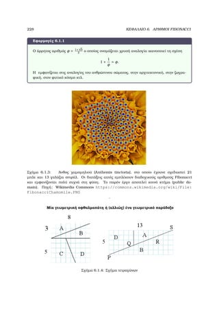 228 ΚΕΦΑΛΑΙΟ 6. ΑΡΙΘΜΟΙ FIBONACCI
Εφαρµογές 6.1.1
Ο άρρητος αριθµός φ = 1+
√
5
2
ο οποίος ονοµάζεται χρυσή αναλογία ικανοποιεί τη σχέση
1 +
1
φ
= φ.
Η εµφανίζεται στις αναλογίες του ανθρώπινου σώµατος, στην αρχιτεκτονική, στην Ϲωγρα-
ϕική, στον ϕυτικό κόσµο κτλ.
Σχήµα 6.1.3: ΄Ανθος χαµοµηλιού (Anthemis tinctoria), στο οποίο έχουνε σχεδιαστεί 21
µπλε και 13 γαλάζια σπιράλ. Οι διατάξεις αυτές εµπλέκουν διαδοχικούς αριθµούς Fibonacci
και εµφανίζονται πολύ συχνά στη ϕύση. Το παρόν έργο αποτελεί κοινό κτήµα (public do-
main). Πηγή: Wikimedia Commons https://commons.wikimedia.org/wiki/File:
FibonacciChamomile.PNG
.
Μία γεωµετρική οφθαλµαπάτη ή (αλλιώς) ένα γεωµετρικό παράδοξο
Σχήµα 6.1.4: Σχήµα τετραγώνων
 
