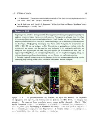 1.3. ΠΡΩΤΟΙ ΑΡΙΘΜΟΙ 29
• H. G. Diamond, ‘‘Elementary methods in the study of the distribution of prime numbers’’,
Bull. Amer. Math. Soc. 7(1982), 553-589 και
• Paul T. Bateman and Harold G. Diamond ‘‘A Hundred Years of Prime Numbers’’ Amer.
Math Monthly 103 (1996), 729-741.
Εφαρµογές 1.3.2
Το µήνυµα του Arecibo. Είναι µια καλή ιδέα να χρησιµοποιήσουµε τους πρώτους αριθµούς
ως ϐάση επικοινωνίας µε εξωγήινους πολιτισµούς. Το παραπάνω µήνυµα είναι ένα σήµα
το όποιο σχεδιάστηκε από τον ϱαδιοαστρόνοµο Frank Drake και τον αστροφυσικό Carl
Sagan το οποίο αποτελείται από 1679 bits και στάλθηκε µε το οµώνυµο ϱαδιοτηλεσκόπιο
στο διάστηµα. Ο εξωγήινος πολιτισµός που ϑα το λάβει ϑα πρέπει να αναγνωρίσει ότι
1679 = 23 × 73 και να «ανάψει» τα bits ϑέτοντάς τα σε γραµµές και στήλες, οπότε ϑα
σχηµατιστεί µια εικόνα που ϑα περιέχει τους αριθµούς 1-10, ατοµικούς αριθµούς των
στοιχείων που σχηµατίζουν το DNA, στοιχεία σχετικά µε τα νουκλεοτίδια του DNA, το
σχήµα της διπλής έλικας, τη µορφή ενός ανθρώπου και τον πληθυσµό της γης, όπως και
σχεδιαγράµµατα του ηλιακού συστήµατος και του δίσκου του ϱαδιοτηλεσκοπίου.
Η ίδια ιδέα εµφανίζεται και στην ταινία «Επαφή», όπου ένα σήµα αναγνωρίζεται ως προϊόν
εξωγήινης νοηµοσύνης, αφού αποτελείται από ακολουθία πρώτων αριθµών
Σχήµα 1.3.8: Το ϱαδιοτηλεσκόπιο του Arecibo, το σήµα του Arecibo, και παράστα-
ση εξωγήινου από την Γαλλική έκδοση από του ϐιβλίου του H.G. Wells, «ο πόλεµος των
κόσµων». Τα παρόντα έργα αποτελούν κοινό κτήµα (public domain). Πηγή: Wiki-
media Commons https://en.wikipedia.org/wiki/File:Arecibo_Observatory_
Aerial_View.jpg ∆ηµιουργός H. Schweiker και https://en.wikipedia.org/wiki/
File:Arecibo_message.svg και ∆ηµιουργός: A. Correa https://en.wikipedia.
org/wiki/File:War-of-the-worlds-tripod.jpg
 