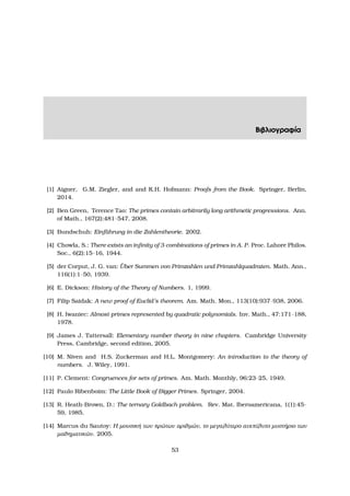 Βιβλιογραφία
[1] Aigner, G.M. Ziegler, and and K.H. Hofmann: Proofs from the Book. Springer, Berlin,
2014.
[2] Ben Green, Terence Tao: The primes contain arbitrarily long arithmetic progressions. Ann.
of Math., 167(2):481–547, 2008.
[3] Bundschuh: Einf¨uhrung in die Zahlentheorie. 2002.
[4] Chowla, S.: There exists an inﬁnity of 3-combinations of primes in A. P. Proc. Lahore Philos.
Soc., 6(2):15–16, 1944.
[5] der Corput, J. G. van: ¨Uber Summen von Primzahlen und Primzahlquadraten. Math. Ann.,
116(1):1–50, 1939.
[6] E. Dickson: History of the Theory of Numbers. 1, 1999.
[7] Filip Saidak: A new proof of Euclid’s theorem. Am. Math. Mon., 113(10):937–938, 2006.
[8] H. Iwaniec: Almost-primes represented by quadratic polynomials. Inv. Math., 47:171–188,
1978.
[9] James J. Tattersall: Elementary number theory in nine chapters. Cambridge University
Press, Cambridge, second edition, 2005.
[10] M. Niven and H.S. Zuckerman and H.L. Montgomery: An introduction to the theory of
numbers. J. Wiley, 1991.
[11] P. Clement: Congruences for sets of primes. Am. Math. Monthly, 96:23–25, 1949.
[12] Paulo Ribenboim: The Little Book of Bigger Primes. Springer, 2004.
[13] R. Heath-Brown, D.: The ternary Goldbach problem. Rev. Mat. Iberoamericana, 1(1):45–
59, 1985.
[14] Marcus du Sautoy: Η µουσική των πρώτων αριθµών, το µεγαλύτερο ανεπίλυτο µυστήριο των
µαθηµατικών. 2005.
53
 