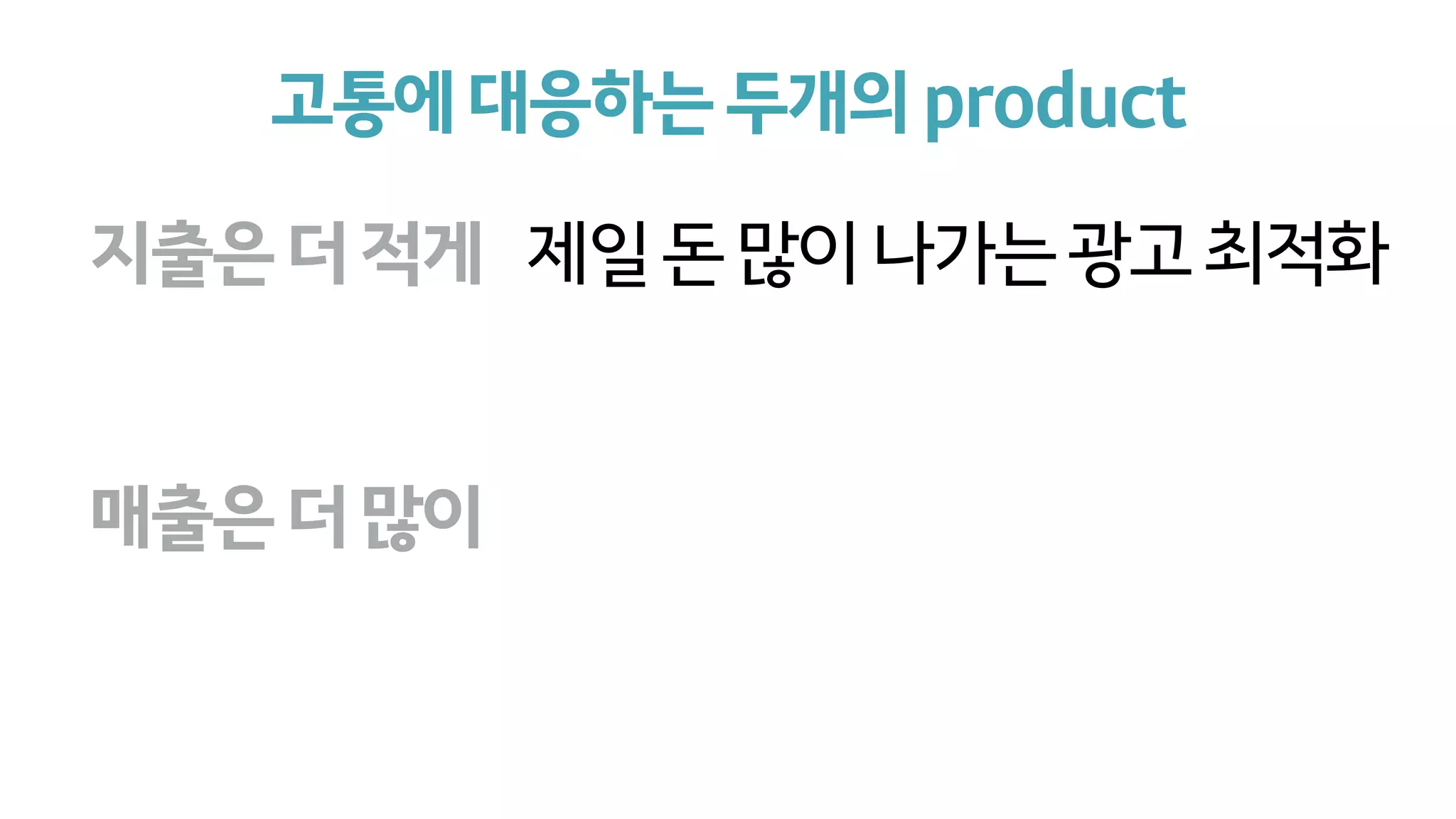 고통에대응하는두개의product
매출은더많이
지출은더적게 제일돈많이나가는광고최적화
 