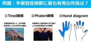 ①Tinel徴候 ②Phalen徴候 ③Hand diagram
問題：手根管症候群に最も有用な所見は？
手根管部を叩いて, 正中神経
支配域にしびれが走れば陽性
手関節を1分間内側に折り曲げ
しびれ感が増加すれば陽性
 
