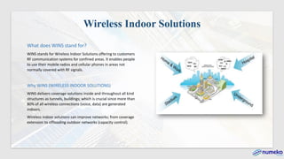 What does WINS stand for?
WINS stands for Wireless Indoor Solutions offering to customers
RF communication systems for confined areas. It enables people
to use their mobile radios and cellular phones in areas not
normally covered with RF signals.
Why WINS (WIRELESS INDOOR SOLUTIONS)
WINS delivers coverage solutions inside and throughout all kind
structures as tunnels, buildings; which is crucial since more than
80% of all wireless connections (voice, data) are generated
indoors.
Wireless indoor solutions can improve networks; from coverage
extension to offloading outdoor networks (capacity control).
Wireless Indoor Solutions
 