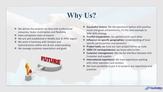 ❖ We deliver the projects on time with professional
resources, faster mobilization and flexibility
❖ Have competent team of experts
❖ We are well established in Middle East & APAC region
❖ We work in harmony with Vendors and
Subcontractors within win & win understanding
❖ We manage customer expectation and goals
❖ Successful history: We did operations before with positive
result and great achievements, it’s the best example to
WIN-WIN strategy
❖ Trustful Cooperation: ALL parties trusts each other
❖ Influence on specific geographies: Understanding of local
specific particularities and dynamics
❖ Project tools: we have our own project follow up tools
❖ 100% CV correspondence: we know who to hire
❖ Customer management: We can be interface between End
Customer and supplier.
❖ International experience: We have experience working
with other operators and vendors
❖ We have possibility to put in to projects our experience and
practices
Why Us?
 