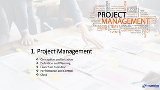 1. Project Management
❖ Conception and Initiation
❖ Definition and Planning
❖ Launch or Execution
❖ Performance and Control
❖ Close
 