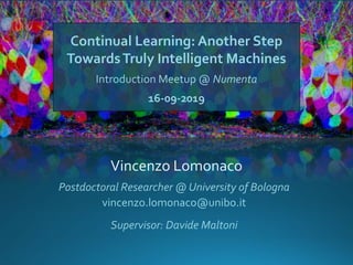 Continual Learning: Another Step
TowardsTruly Intelligent Machines
Introduction Meetup @ Numenta
16-09-2019
Vincenzo Lomonaco
vincenzo.lomonaco@unibo.it
Postdoctoral Researcher @ University of Bologna
Supervisor: Davide Maltoni
 