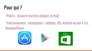 Pour qui ?
-Publics : locaux et touristes (langues fr/eng)
-Fonctionnement : smartphones + tablettes, iOS, Android version 4 à 6,
WindowsPhone
 