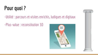 Pour quoi ?
-Utilité : parcours et visites enrichis, ludiques et digitaux
-Plus-value : reconstitution 3D
 