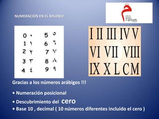 NUMERACIÓN EN EL MILENIO




Gracias a los números arábigos !!!

• Numeración posicional
• Descubrimiento del cero
• Base 10 , decimal ( 10 números diferentes incluido el cero )
 