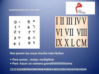 NUMERACIÓN EN EL MILENIO




Nos ponen las cosas mucho más fáciles:
• Para sumar , restar, multiplicar
• Para hacer un número grandíiiiiiiiiiiiiiiiisimo
1215165680984098490849806546032065465654654654
 