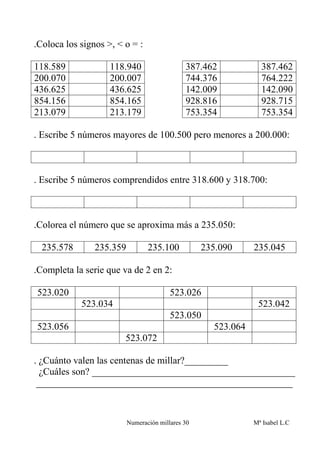 .Coloca los signos >, < o = :

118.589             118.940                   387.462            387.462
200.070             200.007                   744.376            764.222
436.625             436.625                   142.009            142.090
854.156             854.165                   928.816            928.715
213.079             213.179                   753.354            753.354

. Escribe 5 números mayores de 100.500 pero menores a 200.000:



. Escribe 5 números comprendidos entre 318.600 y 318.700:



.Colorea el número que se aproxima más a 235.050:

  235.578       235.359          235.100           235.090     235.045

.Completa la serie que va de 2 en 2:

523.020                                  523.026
            523.034                                             523.042
                                         523.050
523.056                                              523.064
                        523.072

. ¿Cuánto valen las centenas de millar?_________
  ¿Cuáles son? __________________________________________
 _____________________________________________________



                          Numeración millares 30               Mª Isabel L.C
 