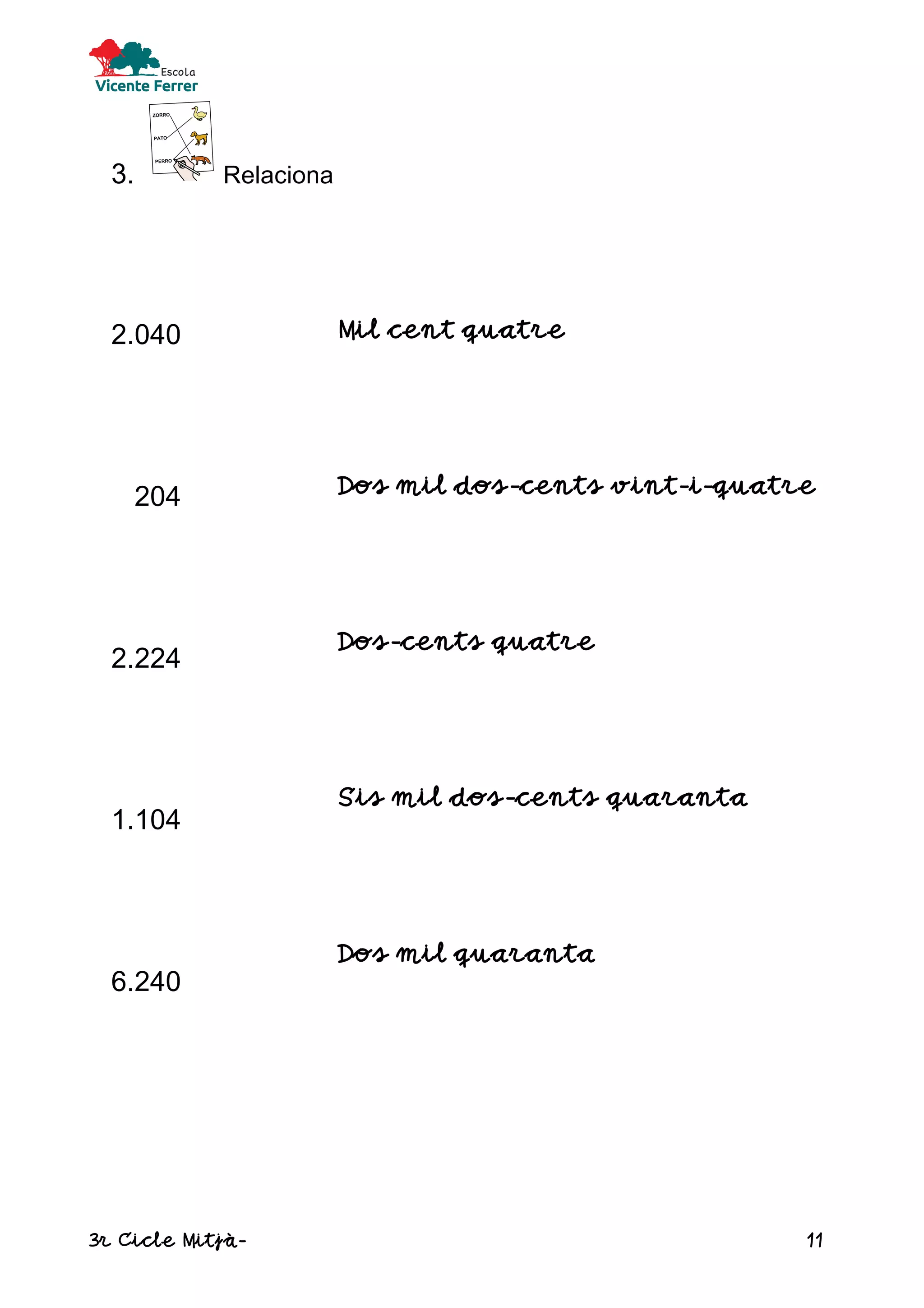 3r Cicle Mitjà- 11
3. Relaciona
2.040
204
2.224
1.104
6.240
Mil cent quatre
Dos mil dos-cents vint-i-quatre
Dos-cents quatre
Sis mil dos-cents quaranta
Dos mil quaranta
 