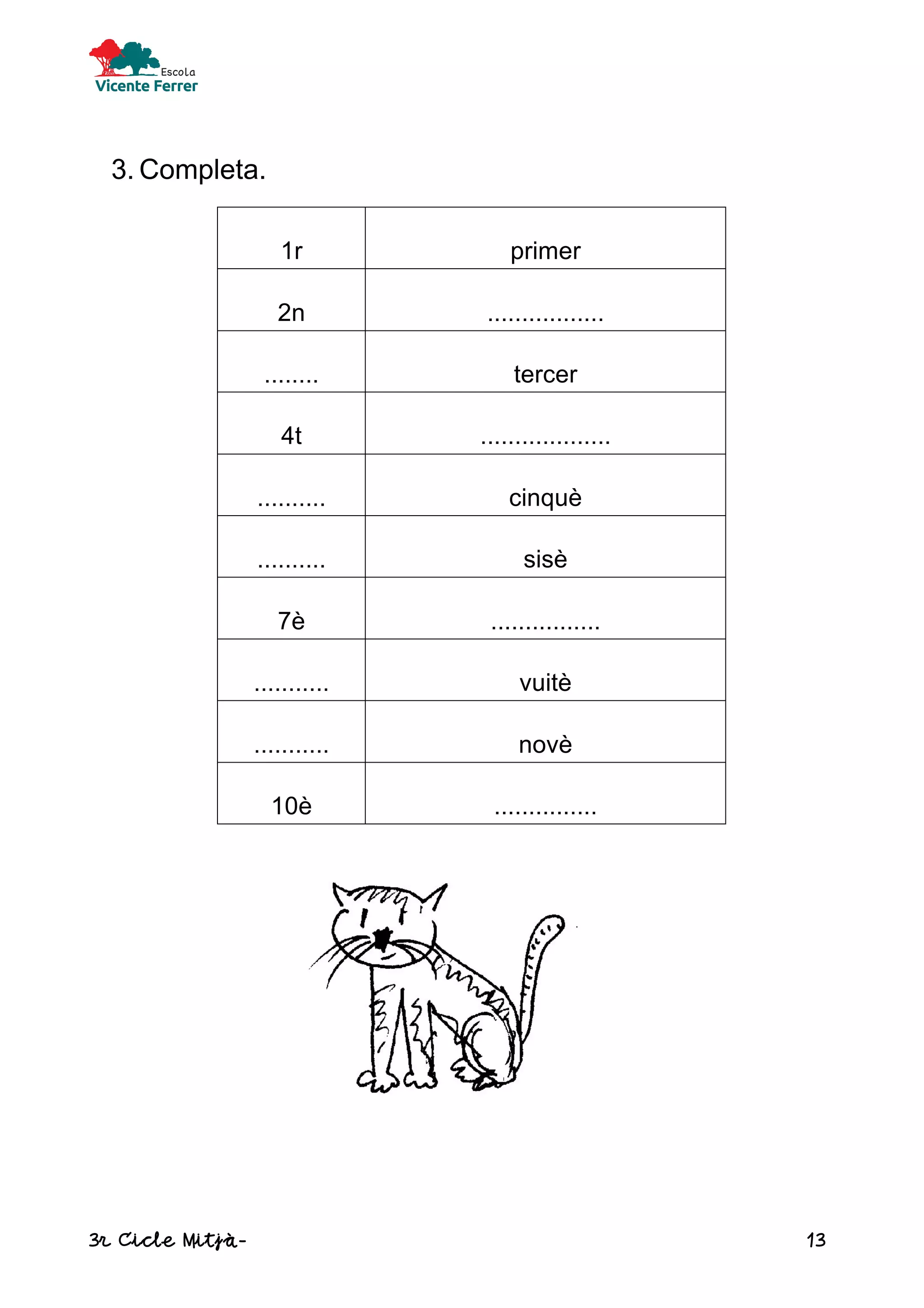 3r Cicle Mitjà- 13
3. Completa.
1r primer
2n .................
........ tercer
4t ...................
.......... cinquè
.......... sisè
7è ................
........... vuitè
........... novè
10è ...............
 