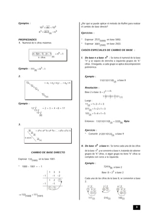 3
Ejemplos :
32
10abc10 
4
)6(
3 6abcd6 
PROPIEDADES
1. Numeral de k cifras máximas
1n)1n)...(1n)(1n( k
(n)cifrask
   
Ejemplo : 18777
3
)8(

2.
1a1
1a2
1a3
1ak(n)
= a1 +a +a +....+a +n2 3 k
Ejemplo :
12 = 2 + 3 + 4 +8 = 17
13
14
(8)
+
+
+
3.
ab = a n+k a b+a b+....+a b+a b+bk-1 k-3 2 1
ab
ab
ab(n)
k veces
CAMBIO DE BASE DIRECTO
Expresar
)1000(
133 en la base 1001.
* 1000  1001 =  1
11
11
121
211
331


)1001()1000(
111133 
¿Por qué se puede aplicar el método de Ruffini para realizar
el cambio de base directo?
Ejercicios :
* Expresar )5000(
2531 en base 5002.
* Expresar
)2500(
3001 en base 2503.
CASOS ESPECIALES DE CAMBIO DE BASE :
I. De base n a base
k
n : Se toma el numeral de la base
"n" y se separa de derecha a izquierda grupos de "k"
cifras. Enseguida, a cada grupo se aplica descomposición
polinómica.
Ejemplo :
)2(
11101101110 a base 8
Resolución :
Base 2 a base 3
28 
k
11011011101(2)
Luego :
312111 )2(

3121011 )2(

5141101 )2(

Entonces :
)8()2(
333511101101110  Rpta
Ejercicio :
* Convertir
)3(
2120110122 a base 9
II. De base
k
n a base n : Se toma cada una de las cifras
de la base
k
n y se convierte a base n, tratando de obtener
grupos de "k" cifras, si algún grupo no tiene "k" cifras se
completa con ceros a la izquierda.
Ejemplo :
)8(
72416 a base 2
Base
3
28  a base 2
Cada una de las cifras de la base 8, se convierten a base
2.
7 2
1 3 2
1 1
111(2)
2 2
0 1
010(2)
4 2
0 2 2
0 1
100(2)
 