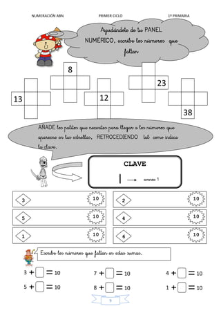 NUMERACIÓN ABN PRIMER CICLO 1º PRIMARIA
9
CLAVE
103
8
1
13
3
12
0
23
38
105
102
104
101 106
3 10
5 10
7 10
8 10
4 10
1 10
 