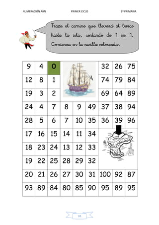 NUMERACIÓN ABN PRIMER CICLO 1º PRIMARIA
10
9 4 0 32 26 75
12 8 1 74 79 84
19 3 2 69 64 89
24 4 7 8 9 49 37 38 94
28 5 6 7 10 35 36 39 96
17 16 15 14 11 34
18 23 24 13 12 33
19 22 25 28 29 32
20 21 26 27 30 31 100 92 87
93 89 84 80 85 90 95 89 95
 