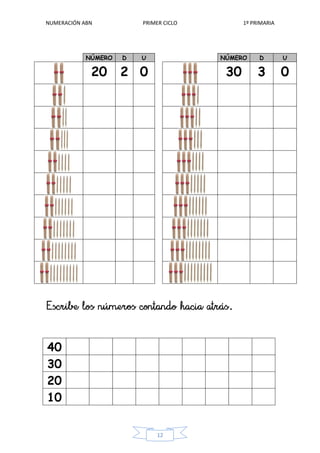 NUMERACIÓN ABN PRIMER CICLO 1º PRIMARIA
12
NÚMERO D U NÚMERO D U
20 2 0 30 3 0
40
30
20
10
 