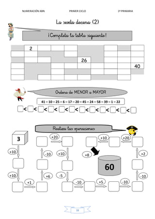 NUMERACIÓN ABN PRIMER CICLO 1º PRIMARIA
38
2
26
40
3
+10
+10
+1 -10 +5 -10
+6
-10
+20+10
-5
+20
60
41 – 10 – 25 – 6 – 17 – 20 – 45 – 24 – 58 – 39 – 1 – 22
<
<
< < < < < < < < < <
+10
-10
+2+8
 