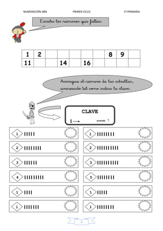 NUMERACIÓN ABN PRIMER CICLO 1º PRIMARIA
3
1 2 8 9
11 14 16
CLAVE
1
2
33
2
1
54
1
0
1
0
1
0
1
0
 