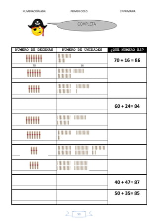 NUMERACIÓN ABN PRIMER CICLO 1º PRIMARIA
53
NÚMERO DE DECENAS NÚMERO DE UNIDADES ¿QUÉ NÚMERO ES?
70 + 16 = 86
70 16
60 + 24= 84
40 + 47= 87
50 + 35= 85
 