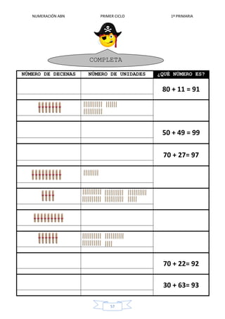 NUMERACIÓN ABN PRIMER CICLO 1º PRIMARIA
57
La familia del noventa (2)
COMPLETA
NÚMERO DE DECENAS NÚMERO DE UNIDADES ¿QUÉ NÚMERO ES?
80 + 11 = 91
50 + 49 = 99
70 + 27= 97
70 + 22= 92
30 + 63= 93
 