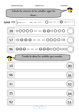 NUMERACIÓN ABN PRIMER CICLO 1º PRIMARIA
61
suma 1 resta 1 suma 10 resta 10
CLAVE
28
57
96
10 80
96
31
92
25
36
92
64
53
 