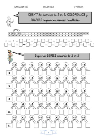 NUMERACIÓN ABN PRIMER CICLO 1º PRIMARIA
8
1 2 3 4 5 6 7 8 9 10 11 12 13 14 15 16 17 18 19 20 21 22 23 24 25 26
27 28 29 30 31 32 33 34 35 36 37 38 39 40 41 42 43 44 45 46 47 48 49 50
2 4
+2
0
+2 +2 +2 +2 +2 +2 +2 +2
+2
5
+2 +2 +2 +2 +2 +2 +2 +2
+2
8
+2 +2 +2 +2 +2 +2 +2 +2
+2
10
+2 +2 +2 +2 +2 +2 +2 +2
+2
11
+2 +2 +2 +2 +2 +2 +2 +2
 