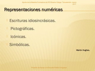 Representaciones numéricasRepresentaciones numéricas
 Escrituras idiosincrásicas.
 Pictográficas.
 Icónicas.
 Simbólicas.
Proyecto de Apoyo a la Escuela Pública Uruguaya
Martin Hughes.Martin Hughes.
Aporte de la Maestra Formadora de IFS Rosario Ortega. Tacuarembó, marzo
2017.
 