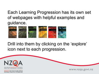 Each Learning Progression has its own set
of webpages with helpful examples and
guidance.
Drill into them by clicking on the ‘explore’
icon next to each progression.
 