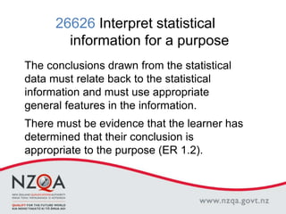 26626 Interpret statistical
information for a purpose
The conclusions drawn from the statistical
data must relate back to the statistical
information and must use appropriate
general features in the information.
There must be evidence that the learner has
determined that their conclusion is
appropriate to the purpose (ER 1.2).
 