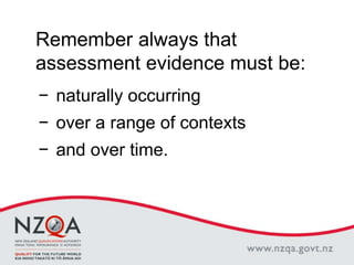 Remember always that
assessment evidence must be:
− naturally occurring
− over a range of contexts
− and over time.
 