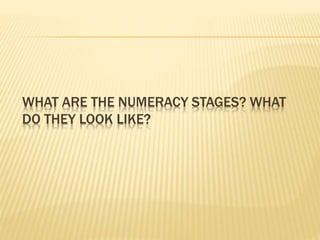 WHAT ARE THE NUMERACY STAGES? WHAT
DO THEY LOOK LIKE?
 