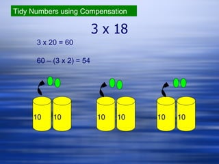 3 x 18 Tidy Numbers using Compensation 10 10 10 10 10 10 3 x 20 = 60 60 – (3 x 2) = 54 
