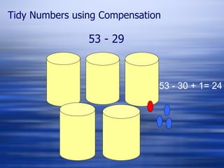 53 - 29 Tidy Numbers using Compensation 53 - 30 + 1= 24 