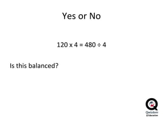 Yes or No 120 x 4 = 480  ÷ 4 Is this balanced? 