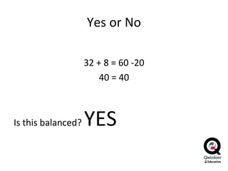 Yes or No 32 + 8 = 60 -20 40 = 40 Is this balanced?  YES 