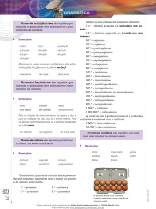 8
EM_V_GRA_007
Numerais multiplicativos são aqueles que
indicam a quantidade dos substantivos como
múltiplos da unidade.
Exemplos:``
dobro triplo quádruplo
quíntuplo sêxtuplo séptuplo
óctuplo nônuplo décuplo
cêntuplo
Muitas vezes, esses numerais multiplicativos são substi-
tuídos pelas locuções com a palavra vez(es).
cinco vezes dez vezes doze vezes
Numerais fracionários são aqueles que
indicam a quantidade dos substantivos como
divisões da unidade.
Exemplos:``
meio metade terço
dois terços três sétimos um onze avos
Para as frações de denominadores de quatro a dez e
para as múltiplas de dez, usa-se a forma ordinal. Para
os demais denominadores usa-se o cardinal combinado
ao sufixo avos.
um décimo um vigésimo um treze avos
Numerais ordinais são aqueles que indicam
a ordem dos seres numa série.
Exemplos:``
primeiro segundo terceiro
último penúltimo antepenúltimo
Usualmente, quando os ordinais são representa-
dos por números, aparecem com o índice de gênero
e de número sobrescrito.
1.o
– primeiro 1.a
– primeira
1.os
– primeiros 1.as
– primeiras
Atente-se aos ordinais dos seguintes números:
11.º – décimo primeiro ou undécimo (em de-
suso)
12.º – décimo segundo ou duodécimo (em
desuso)
20.º – vigésimo
30.º – trigésimo
40.º – quadragésimo
50.º – quinquagésimo
60.º – sexagésimo
70.º – septuagésimo
80.º – octogésimo
90.º – nonagésimo
100.º – centésimo
200.º – ducentésimo
300.º – trecentésimo
400.º – quadringentésimo
500.º – quingentésimo
600.º – seiscentésimo ou sexcentésimo
700.º – septingentésimo
800.º – octingentésimo
900.º – nongentésimo
1 000.º – milésimo
1 000 000.º – milionésimo
A partir do mil, é preferível manter a grafia das
unidades e centenas com o cardinal:
2 000.º – dois milésimos	
10 000.º – dez milésimos
Numerais coletivos são aqueles que indi-
cam uma coleção de número exato.
Exemplos:``
dúzia meia dúzia grosa
centena século lustro
biênio triênio
A palavra dúzia é um numeral
coletivo: refere-se a uma coleção de
número exato.
IstokPhoto
Esse material é parte integrante do Aulas Particulares on-line do IESDE BRASIL S/A,
mais informações www.aulasparticularesiesde.com.br
 