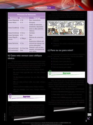 3
EM_V_GRA_008
Pronomes de Tratamento
Tratamento Abreviatura Emprego
Vossa Majestade V. M. Reis, imperadores.
Vossa Alteza V. A. Príncipes.
Vossa Excelência V. Ex.a
Chefes de executivo,
senadores, deputados
entre si, altas patentes
militares.
Vossa Eminência V. Em.a Cardeais.
Vossa Santidade V. S. Papa.
Vossa Magnifi-
cência
V. Mag.a
Reitores de universida-
des.
Vossa Senhoria V. S.a
Superiores militares até
coronel (em desuso nas
outras aplicações)
o(s) senhor(es),
a(s) senhora(s)
S.r, S.rs, S.ra,
Sras
Pessoas a que se deve
respeito, principalmente
mais velhas.
b) Caso reto versus caso oblíquo
tônico
Os pronomes do caso reto são empregados como
sujeito. Os do caso oblíquo se empregam como obje-
to. Os do caso átono aparecem sem preposição; os do
caso tônico aparecem regidos de preposição.
Eu não o vi ontem. (eu: reto; o: oblíquo átono)
Eu quero falar com ele. (eu: reto; ele: oblíquo
tônico)
Tu lhe disseste mentiras. (tu: reto; lhe: oblíquo
átono)
Ele não nos conhece. (ele: reto; nos: oblíquo
átono)
Deram os livros a mim. (mim: oblíquo tônico)
Ela veio comigo. (ela: reto; comigo: oblíquo
tônico)
Eu vi ele.
Essa construção não é prevista pela gramática,
embora ocorra naturalmente na linguagem oral.
Por quê? O pronome ele ou é do caso reto (sujeito)
ou do caso oblíquo tônico (aparece após preposi-
ção). Não se trata de nenhum dos dois casos. Por
isso, na linguagem padrão prefere-se:
Eu o vi.
Observe, na tira a seguir, esse uso do pronome
reto como objeto direto. Essa construção é muito
comum no português do Brasil, mas não é consi-
derada padrão.
IESDEBrasilS.A.
“Depois, ela acaba achando•• ele sensacional.”
(desvio)
“Depois, ela acaba achando-•• o sensacional.”
(padrão)
c) Para eu ou para mim?
Se o pronome é sujeito de um verbo no infinitivo,
usa-se “para eu”; do contrário, usa-se para mim.
Trouxe o livro para•• mim.
Trouxe o livro para•• eu ler.
Deu as maçãs para•• eu comer.
Deu as maçãs para•• mim.
Não se deve cair na tentação de confundir
essas ideias quando a frase aparecer invertida.
Pense sempre em termos de termos regentes e
regidos. Veja exemplo de “pegadinhas”.
Para mim1)	 , amar é fundamental. (nível formal)
Amar é2)	 fundamental para mim. (nível formal)
Para mim3)	 , fazer isso é difícil. (nível formal)
Fazer isso é4)	 difícil para mim. (nível formal)
Tudo o que falamos sobre para eu e para mim
também se aplica aos casos de para tu e para ti
nas regiões do Brasil em que se usa tu.
Esse material é parte integrante do Aulas Particulares on-line do IESDE BRASIL S/A,
mais informações www.aulasparticularesiesde.com.br
 
