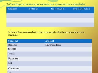 7- Classifique os numerais por extenso que, aparecem nas curiosidades. 
cardinal ordinal fracionário multilplicativo 
8- Preencha o quadro abaixo com o numeral ordinal correspondente aos 
cardinais: 
Cardinal ordinal 
Dezoito Décimo oitavo 
Setenta 
Trinta 
Duzentos 
Mil 
Cinquenta 
oito 
 