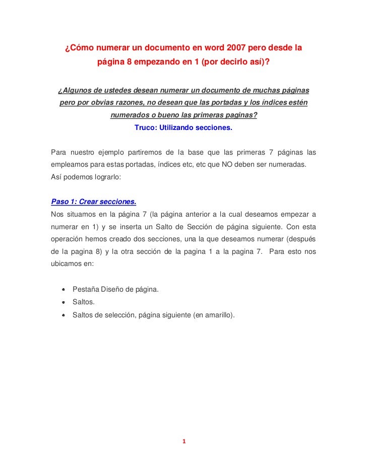 Numerar Paginas Utilizando Secciones Word 2007