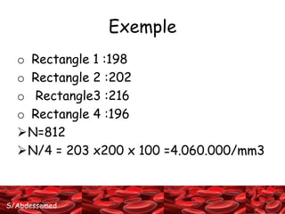 S/Abdessemed 
Exemple 
o Rectangle 1 :198 
o Rectangle 2 :202 
o Rectangle3 :216 
o Rectangle 4 :196 
N=812 
N/4 = 203 x200 x 100 =4.060.000/mm3 
 