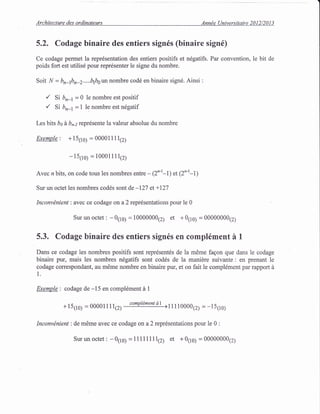 Architecture des ordinateurs Annde Universitaire 2012/2013
5.2. Codage binaire des entiers sign6s (binaire sign6)
Ce codage permet la repr6sentation des entiers positifs et n6gatifs. Par convention, le bit de
poids fort est utilis6 pour repr6senter le signe du nombre.
Soit N = bn-tbn-z.....4boun nombre cod6 en binaire sign6. Ainsi :
'/ Si br-1 = 0 le nombre est positif
'/ Si btx-l = 1 l? nombre est n6gatif
Les bits bo d bn-z repr6sente la valeur absolue du nombre
Exemple : +15110; : 0000111112;
- 15(ro) = 10001 lIlPT
Avec nbits, on code tous les nombres entre - (2*t-l) et (2"-r-I)
Sur un octet les nombres cod6s sont de -727 et +127
Inconvdnient: avec ce codage ona2 reprdsentations pour le 0
Sur un octet : - 0(r0) : t0000000(z) et + 01ro) : 00000000(z)
5.3. Codage binaire des entiers sign6s en compl6ment i 1
Dans ce codage les nombres positifs sont reprdsent6s de la m6me fagon que dans le codage
binaire pur, mais les nombres ndgatifs sont cod6s de la manidre suivante: en prenant le
codage correspondant, au m6me nombre en binaire pur, et on fait le compl6ment par rapport d
1
Exemple: codage de -15 en compl6ment d 1
+ 151r0) = 00001111i2; comptdment dr ,1111000012, = -151r0)
Inconvdnient: de m0me avec ce codage ona2 repr6sentations pour le 0 :
Surunoctet: -0(r0) =1111111112y et +0110) =00000000(z)
 