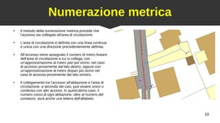 10
Numerazione metrica
●
Il metodo della numerazione metrica prevede che
l'accesso sia collegato all'area di circolazione.
●
L'area di circolazione è definita con una linea continua
e unica con una direzione precedentemente definita.
●
All’accesso viene assegnato il numero di metro lineare
dell'area di circolazione a cui si collega, con
un'approssimazione al metro pari più vicino, nel caso
di accesso proveniente dal lato destro; oppure con
un'approssimazione al metro dispari più vicino nel
caso di accesso proveniente dal lato sinistro.
●
Il collegamento tra l'accesso all'abitazione e l'area di
circolazione, a seconda dei casi, può essere unico o
condiviso con altri accessi. In quest'ultimo caso, il
numero civico di ogni abitazione, oltre al numero del
contatore, avrà anche una lettera dell'alfabeto.
 