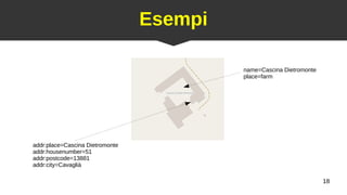 18
Esempi
addr:place=Cascina Dietromonte
addr:housenumber=51
addr:postcode=13881
addr:city=Cavaglià
name=Cascina Dietromonte
place=farm
 